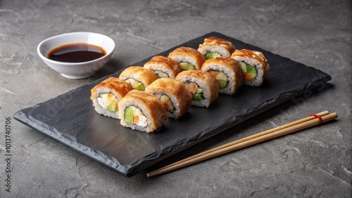 A plate of crispy fried sushi rolls with soy sauce and chopsticks.