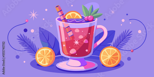 Illustration of mulled wine with citrus and spices on purple background