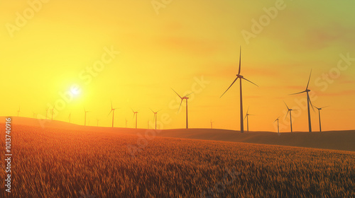 Sustainable Wind Energy Farm at Sunset - Wind Turbines in Golden Fields