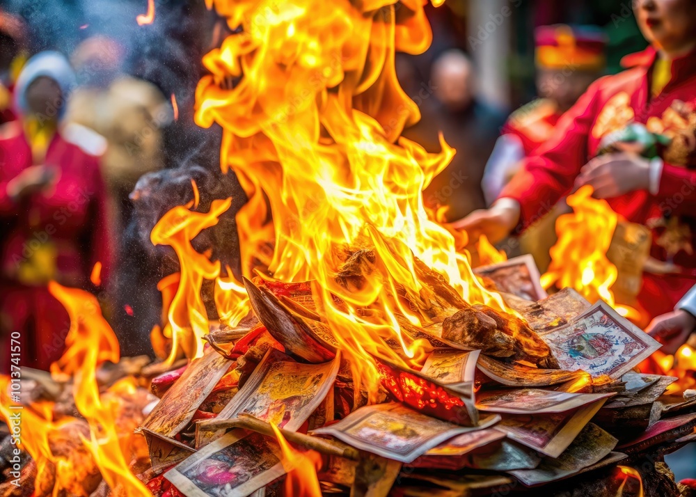 During Chinese New Year, burning joss paper money honors ancestors, seeking their blessings to attract wealth, prosperity, and good fortune for the family. During Chinese New Year, burning joss paper money honors ancestors, seeking their blessings to attract wealth, prosperity, and good fortune for the family.