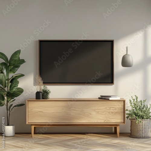 A stylish wood console adorned with indoor plants and modern artwork, epitomizing a fresh and natural atmosphere in a contemporary living space. photo