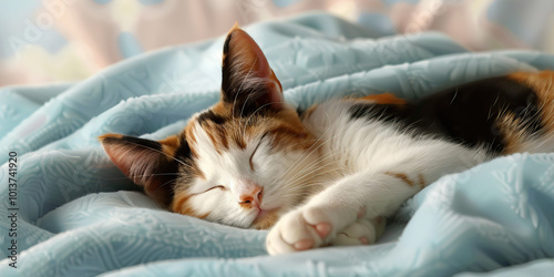 A calico cat recuperating at the veterinary clinic, resting on a soft blue blanket. photo