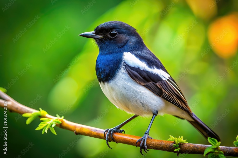 Naklejka premium Elegant Black and White Portrait of a Bird Perched Gracefully on a Branch in Natural Habitat