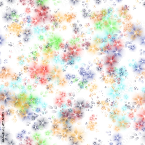 Rainbow colored transparent flowers on the white background. Seamless hand drawn pattern. Pattern for wrapping, textile, print