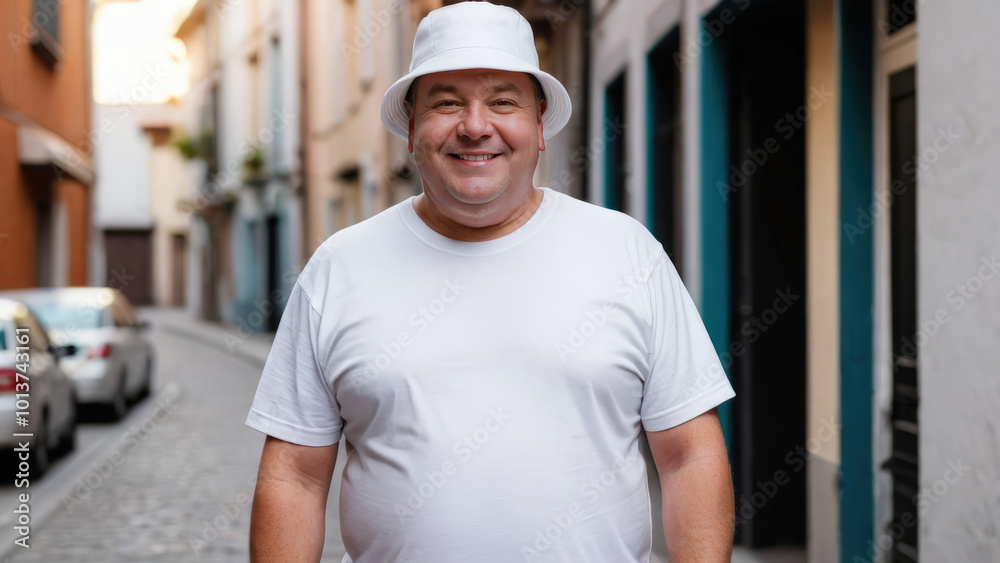 Plus size man wearing white t-shirt and white bucket hat standing in a city alley Plus size man wearing white t-shirt and white bucket hat standing in a city alley