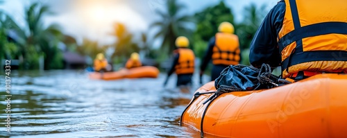 Rescue teams navigate floodwaters in orange rafts, showcasing bravery and teamwork in emergency response amid lush greenery.