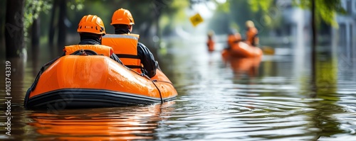 Emergency responders navigate through flooded streets in orange boats, highlighting the urgency and peril of the situation.