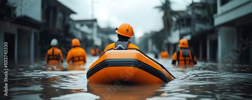 Wallpaper Mural A rescue team navigates floodwaters in orange gear, using a rubber boat to aid affected areas during an emergency response. Torontodigital.ca