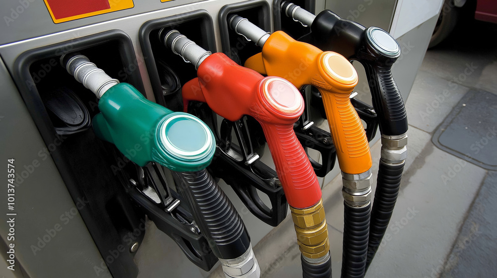 Different colored gasoline nozzles indicating various octane levels at a fuel station. Different colored gasoline nozzles indicating various octane levels at a fuel station.
