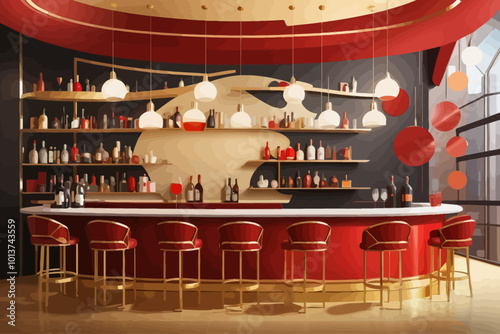 Bar interior design red background wall curved