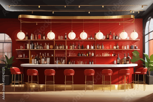 Bar interior design red background wall curved