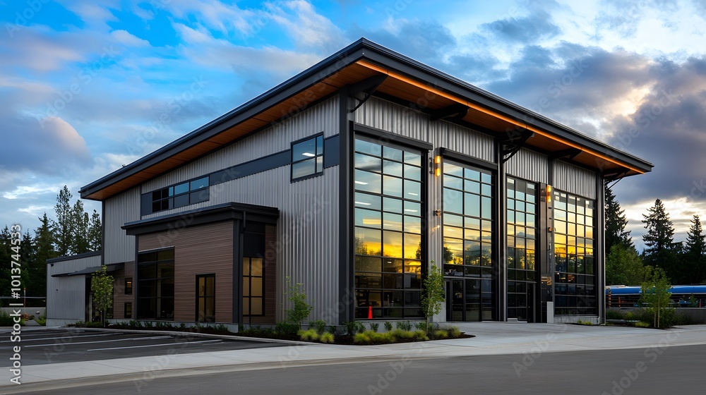 Exterior of a modern warehouse with a small office unit, featuring contemporary design, large windows, and metal siding, highlighting a professional and organized business environment Exterior of a modern warehouse with a small office unit, featuring contemporary design, large windows, and metal siding, highlighting a professional and organized business environment