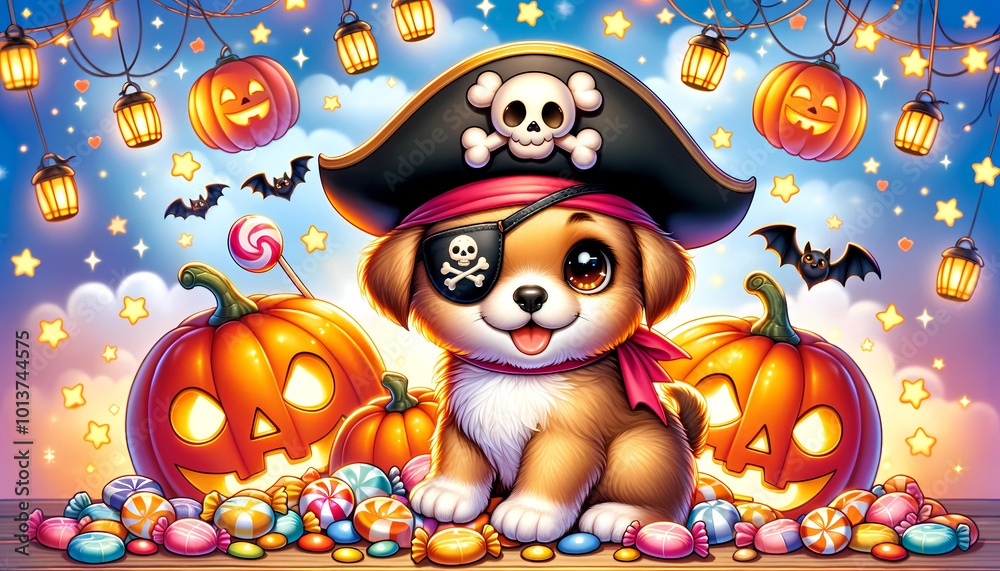 Naklejka premium Tiny puppy dressed as pirate standing on candy pile surrounded by jack-o'-lanterns, Halloween-themed background with playful atmosphere