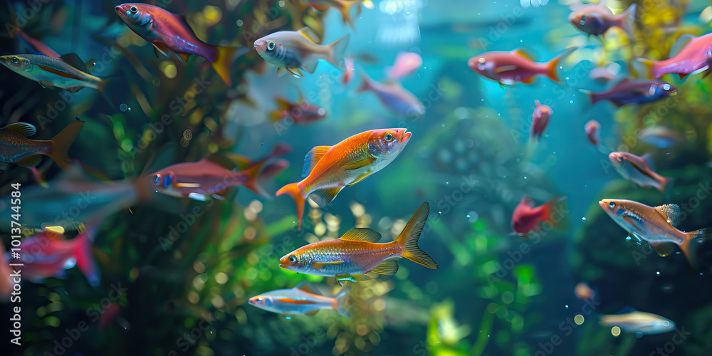 Naklejka premium A school of colorful fish swimming contentedly in their aquarium at the aquatic veterinary center.