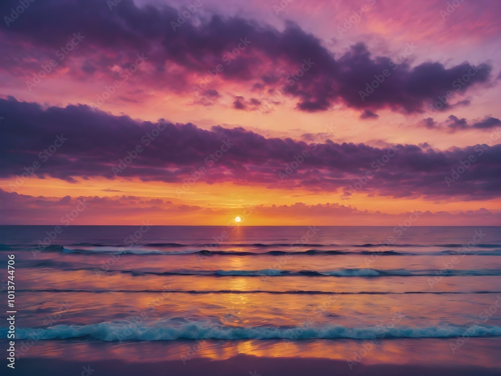 Fototapeta premium A colorful sunset sky over the ocean, with streaks of purple, pink, and gold blending together as the sun dips below the horizon 