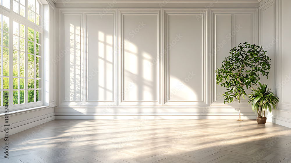 Fototapeta premium Sunlight streams through a large window in an empty room with white walls and wooden floors. Two potted plants add a touch of green to the minimalist space.