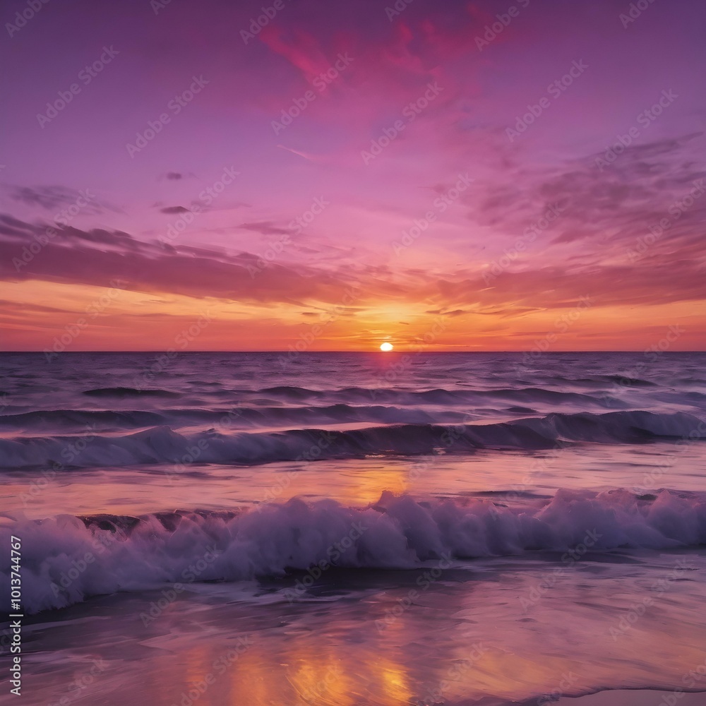 Fototapeta premium A colorful sunset sky over the ocean, with streaks of purple, pink, and gold blending together as the sun dips below the horizon 