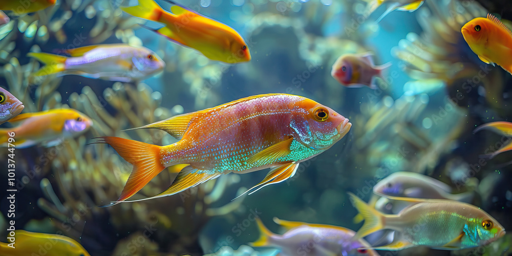 Fototapeta premium A school of colorful fish swimming contentedly in their aquarium at the aquatic veterinary center.