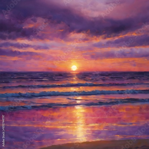 A colorful sunset sky over the ocean, with streaks of purple, pink, and gold blending together as the sun dips below the horizon 