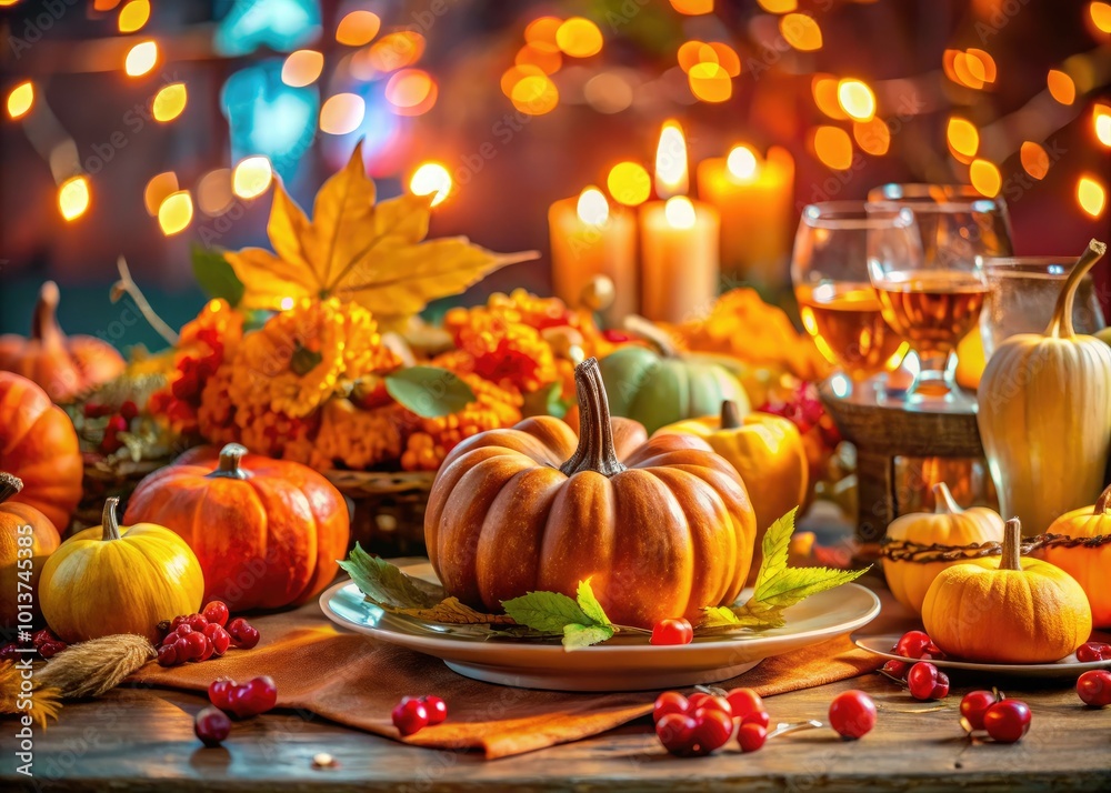Enhance your Thanksgiving with a lively table setting adorned with pumpkins, colorful fall leaves, and delightful autumn decorations, perfect for a joyful celebration with loved ones. Enhance your Thanksgiving with a lively table setting adorned with pumpkins, colorful fall leaves, and delightful autumn decorations, perfect for a joyful celebration with loved ones.
