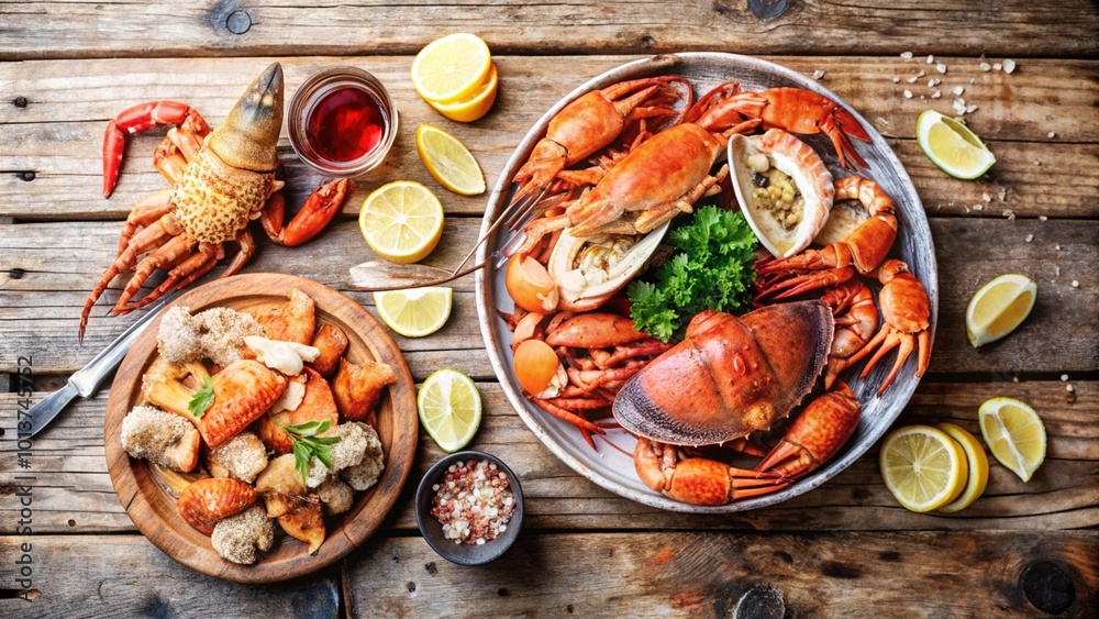 A platter of cooked crab and lobster with lemon wedges, parsley, and salt on a rustic wooden table.