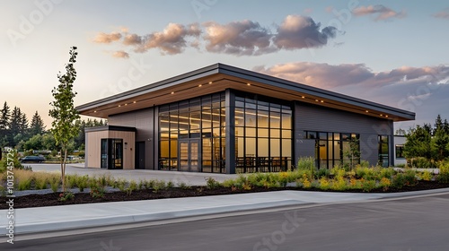 Exterior of a modern warehouse with a small office unit, featuring contemporary design, large windows, and metal siding, highlighting a professional and organized business environment