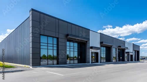Exterior of a modern warehouse with a small office unit, featuring contemporary design, large windows, and metal siding, highlighting a professional and organized business environment