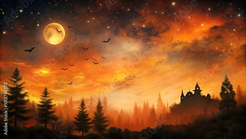 Spooky haunted forest with orange sky.