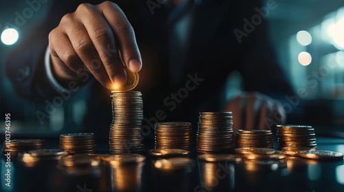 Hand stacking coins, symbolizing finance and investment growth.