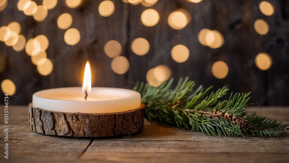 White burning candle with natural decoration on rustic light wood White burning candle with natural decoration on rustic light wood