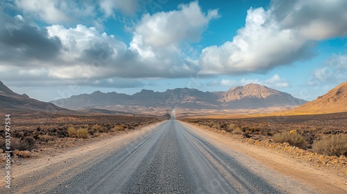 Wallpaper Mural A long, straight dirt road stretches out through a vast, dry landscape, with mountains in the distance and a blue sky with puffy clouds. Torontodigital.ca