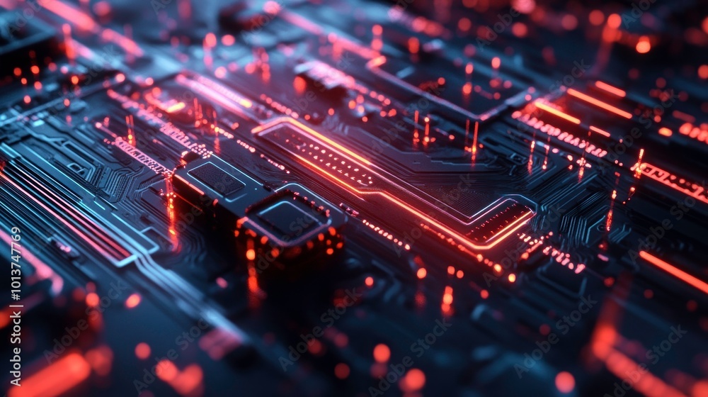 Fototapeta premium Circuit Board with Red Neon Lights