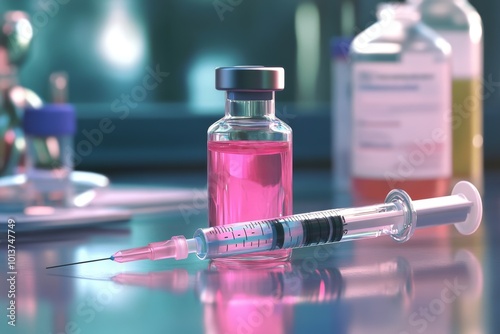 Glass ampoule with clear pink liquid and a syringe. Syringe next to the vial. Medicine bottle. Syringe of botulinum toxin, hualuronic, collagen or flu on a blue medical laboratory background. Close Up photo