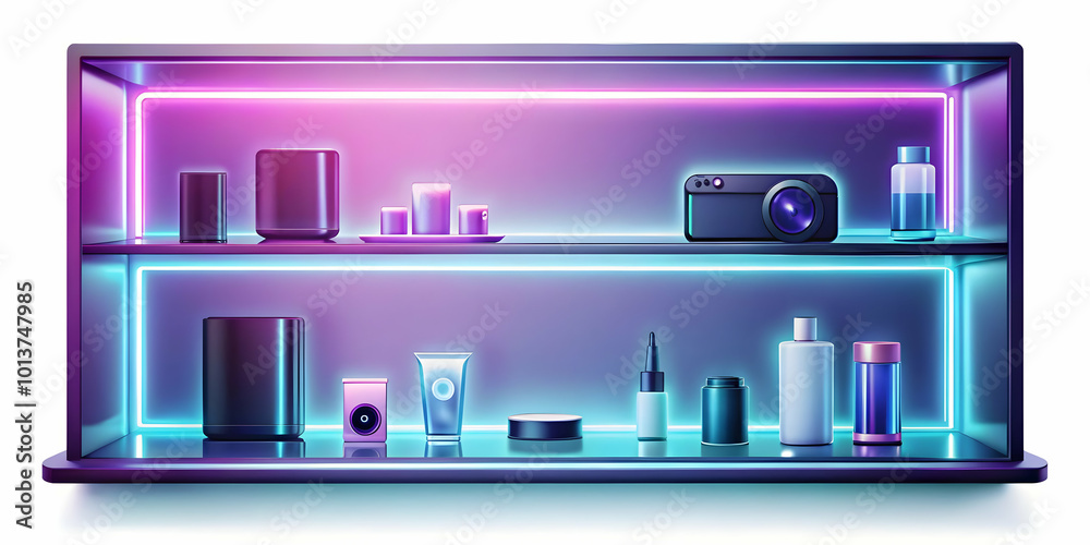 Flat Glossy Background of Digital Store Shelves with Glowing Products for Cyber Monday Promotions - Futuristic Ecommerce Banner Design