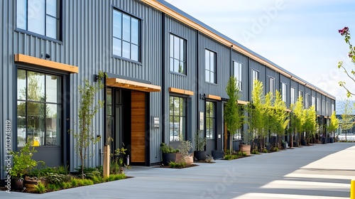 Exterior of a modern warehouse with a small office unit, featuring contemporary design, large windows, and metal siding, highlighting a professional and organized business environment photo