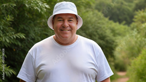 Plus size man wearing white t-shirt and white bucket hat standing in nature