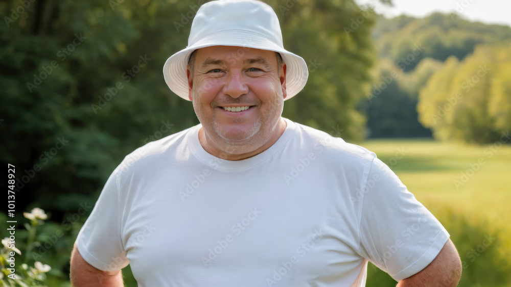 Plus size man wearing white t-shirt and white bucket hat standing in nature Plus size man wearing white t-shirt and white bucket hat standing in nature