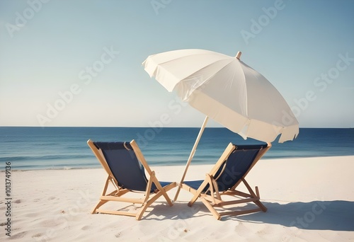 A white beach umbrella and lounge chair floating in a calm