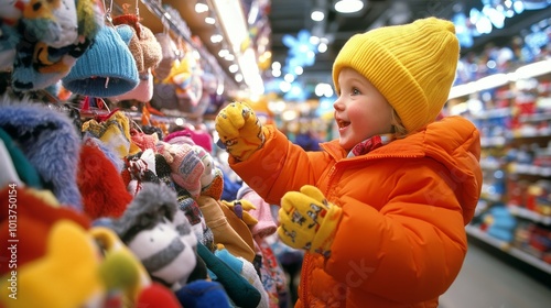 Happy Family Shopping for Winter Clothes - Parents and Kids Trying on Coats and Hats in Department Store photo