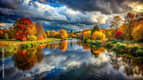 Gloomy River Scene with Overcast Skies and Dark Waters Reflecting a Moody Landscape in Autumn