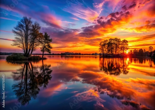 Golden hues dance across a calm lake at sunset, while dark silhouettes of trees enhance the enchanting and romantic atmosphere of this serene moment.
