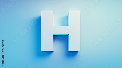 White 3D letter H against a light blue background.