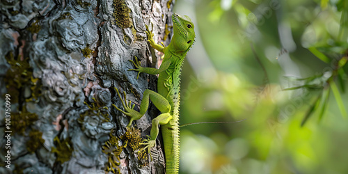 A green lizard skittering up a tree trunk, its scaled body blending seamlessly with the bark. photo