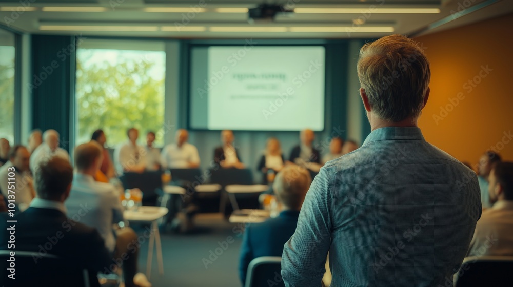 speaking at a conference, a lot of people in the office room are listening to the speech of a business coach near the screen speaking at a conference, a lot of people in the office room are listening to the speech of a business coach near the screen