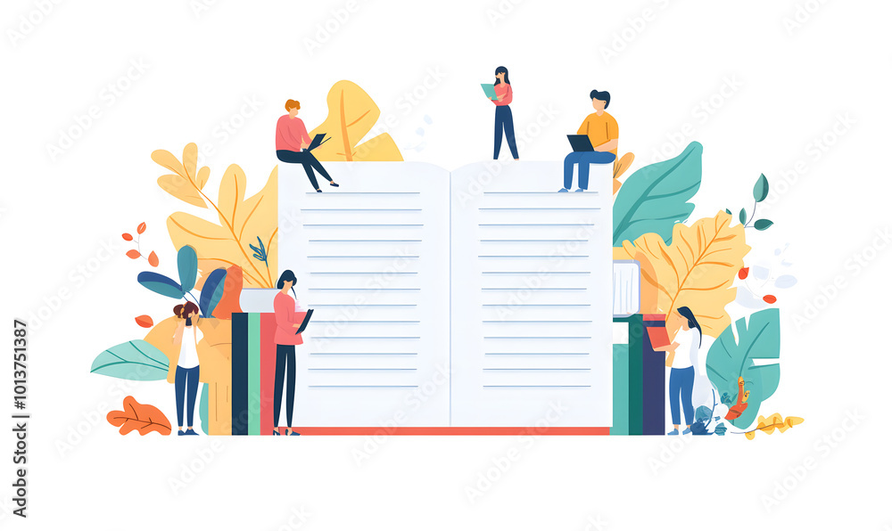 This image illustrates people engaging in learning activities using a giant book and pencil, highlighting the significance of books and writing in education and personal growth design, Collaborative 