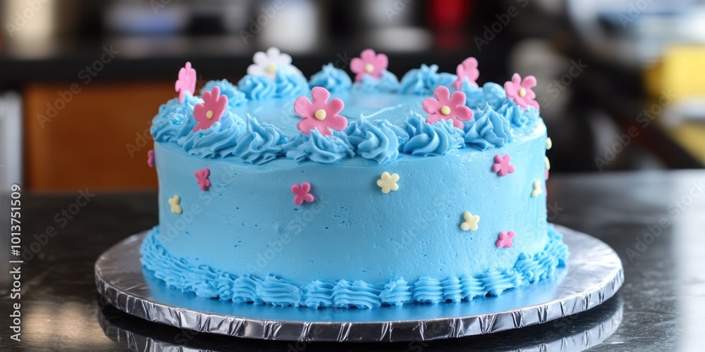 A blue frosted cake decorated with pink and white fondant flowers on a silver cake board. A blue frosted cake decorated with pink and white fondant flowers on a silver cake board.