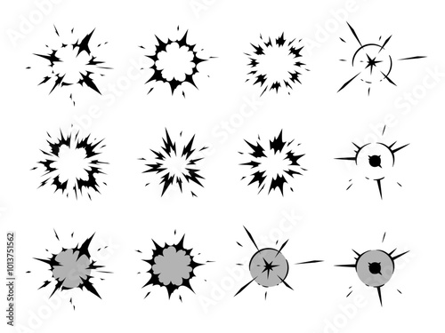 放射状に広がる衝撃のエフェクトのシルエット素材セット photo