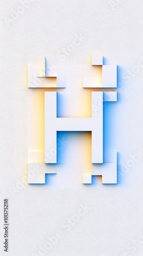 A 3D rendering of the letter 'H' in a white, blocky style against a white background.