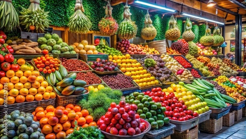 In a bustling market, a colorful fruit stand brims with fresh produce, featuring a delightful array of fruits, attracting shoppers with its vivid displays.