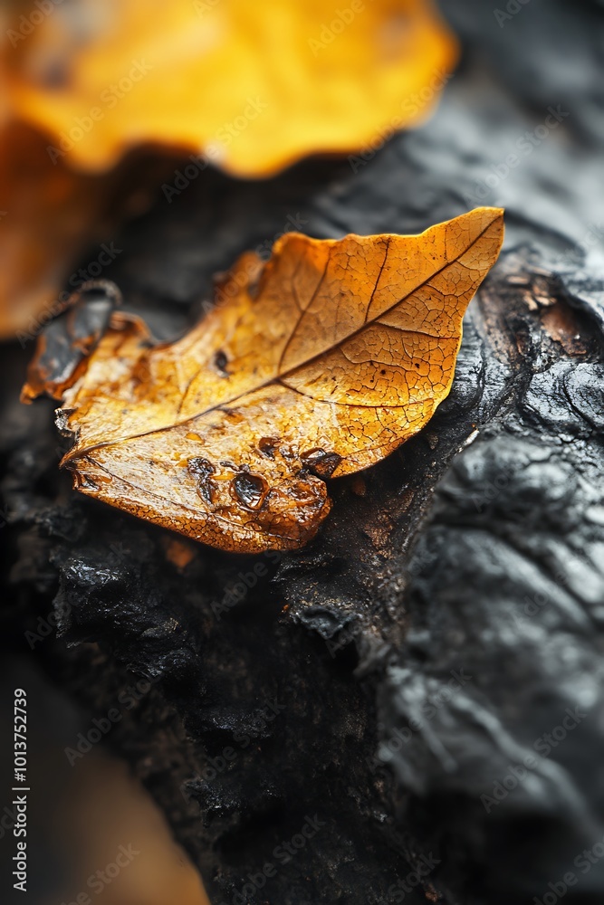 Naklejka premium Closeup of a dried leaf on a burnt tree trunk. A reminder of resilience in nature, hope, new beginnings, and life after destruction.